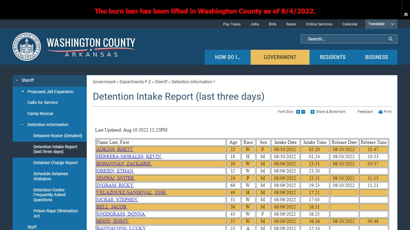 Detention Intake Report (last ... - Washington County, AR